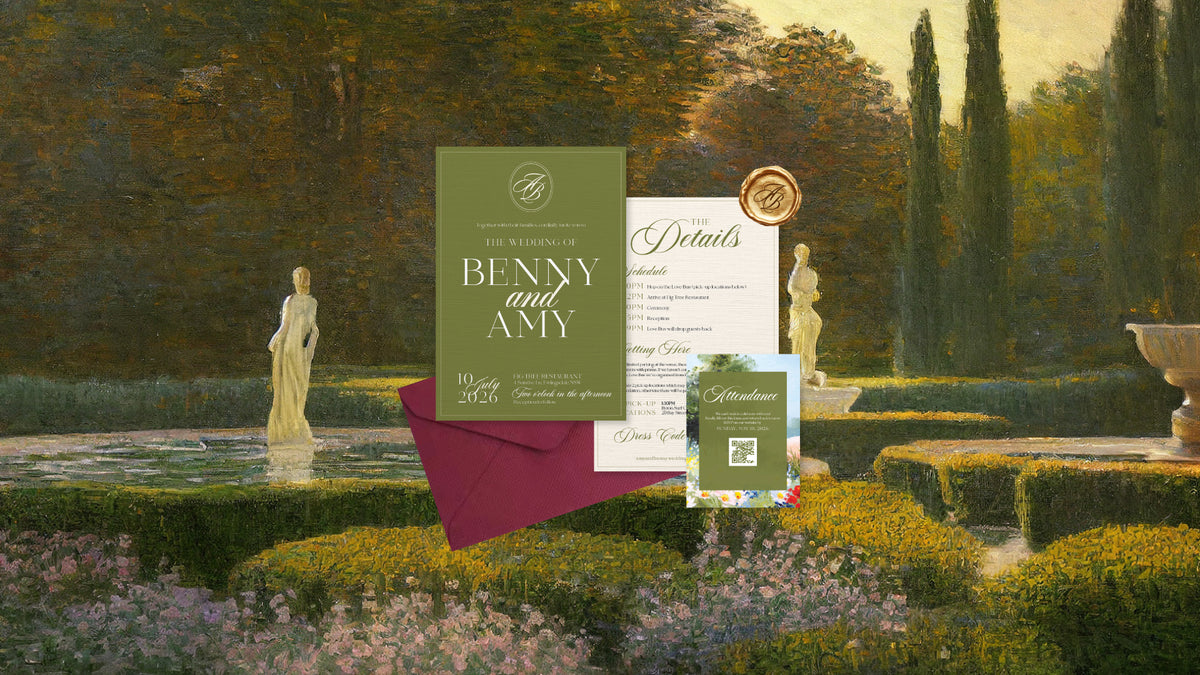Bespoke wedding invitation suite with elegant typography and refined paper details