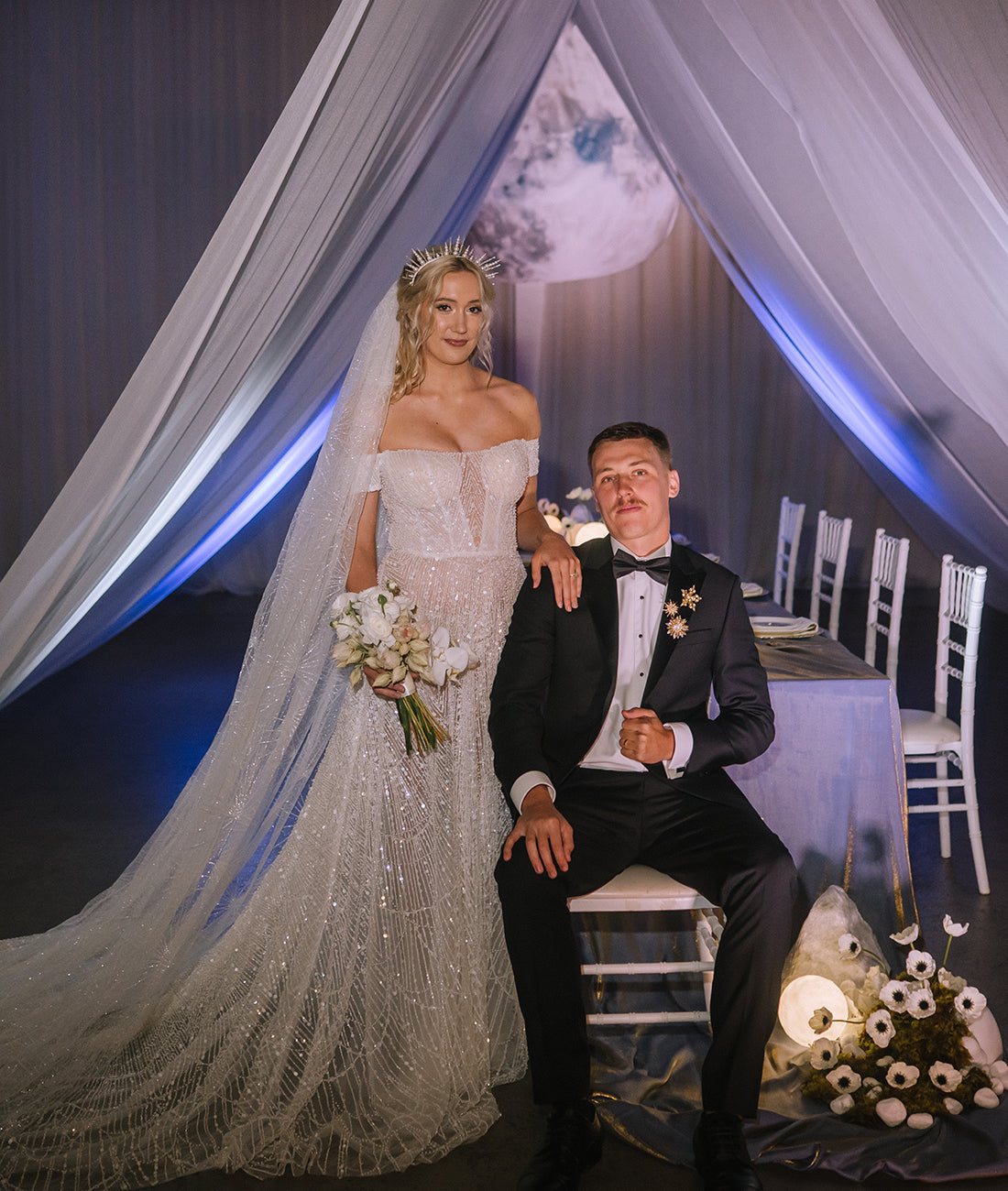 Madison and Dean at Flaxton Gardens with an ethereal theme reception setting