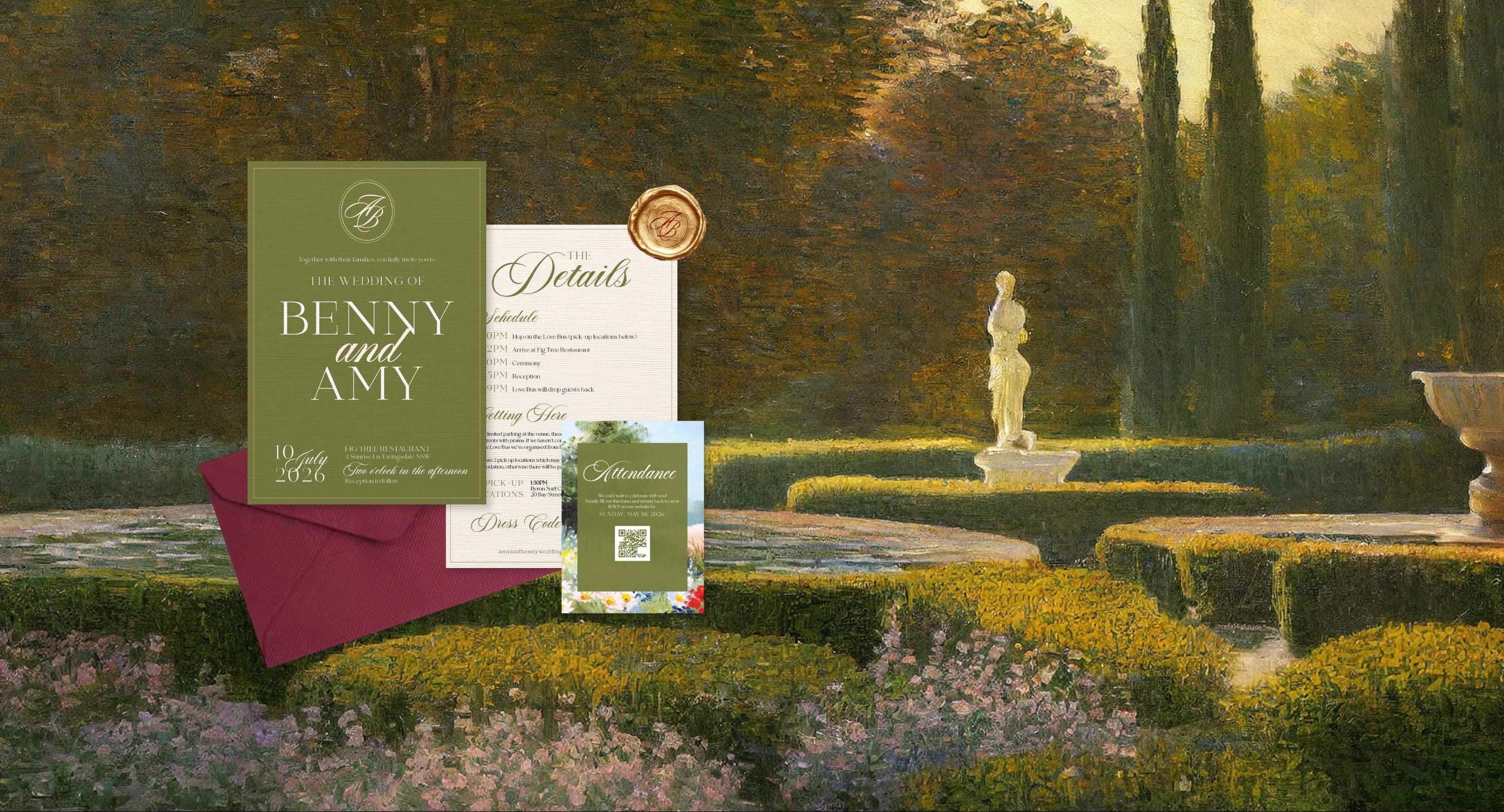 Wedding invitation suite mockup featuring an olive green main card reading 'The Wedding of Benny and Amy,' a white details page with a gold seal, a small floral invitation card, and a burgundy envelope, overlaid on a painted garden scene with hedges, trees, and a statue.