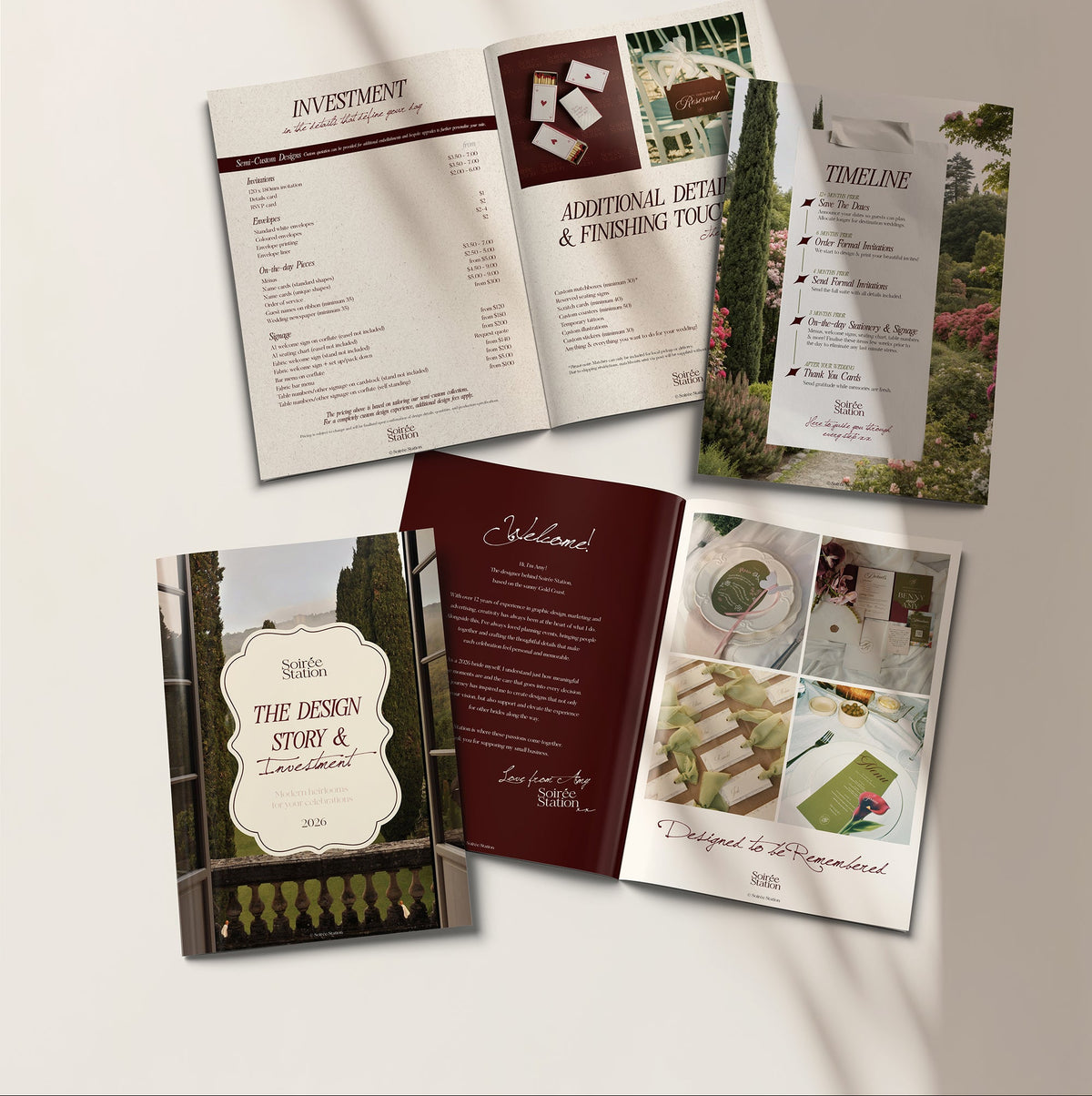 Pricing guide for Soiree Station for wedding invitations, on the day signage, bar menu, name cards and more 