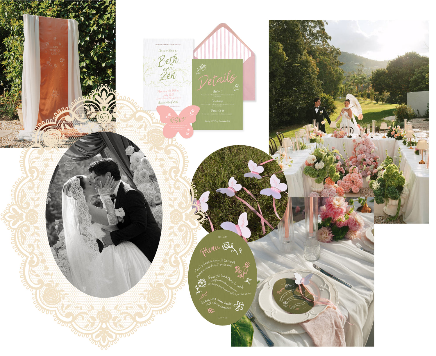A wedding stationery and decor inspiration collage featuring printed invitation cards, a pink butterfly embellishment, floral table centerpieces, outdoor wedding photography, and decorative oval frames on a light neutral background.